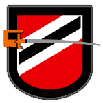 The LCG's insignia is a diagonal black stripe over white on a red shield